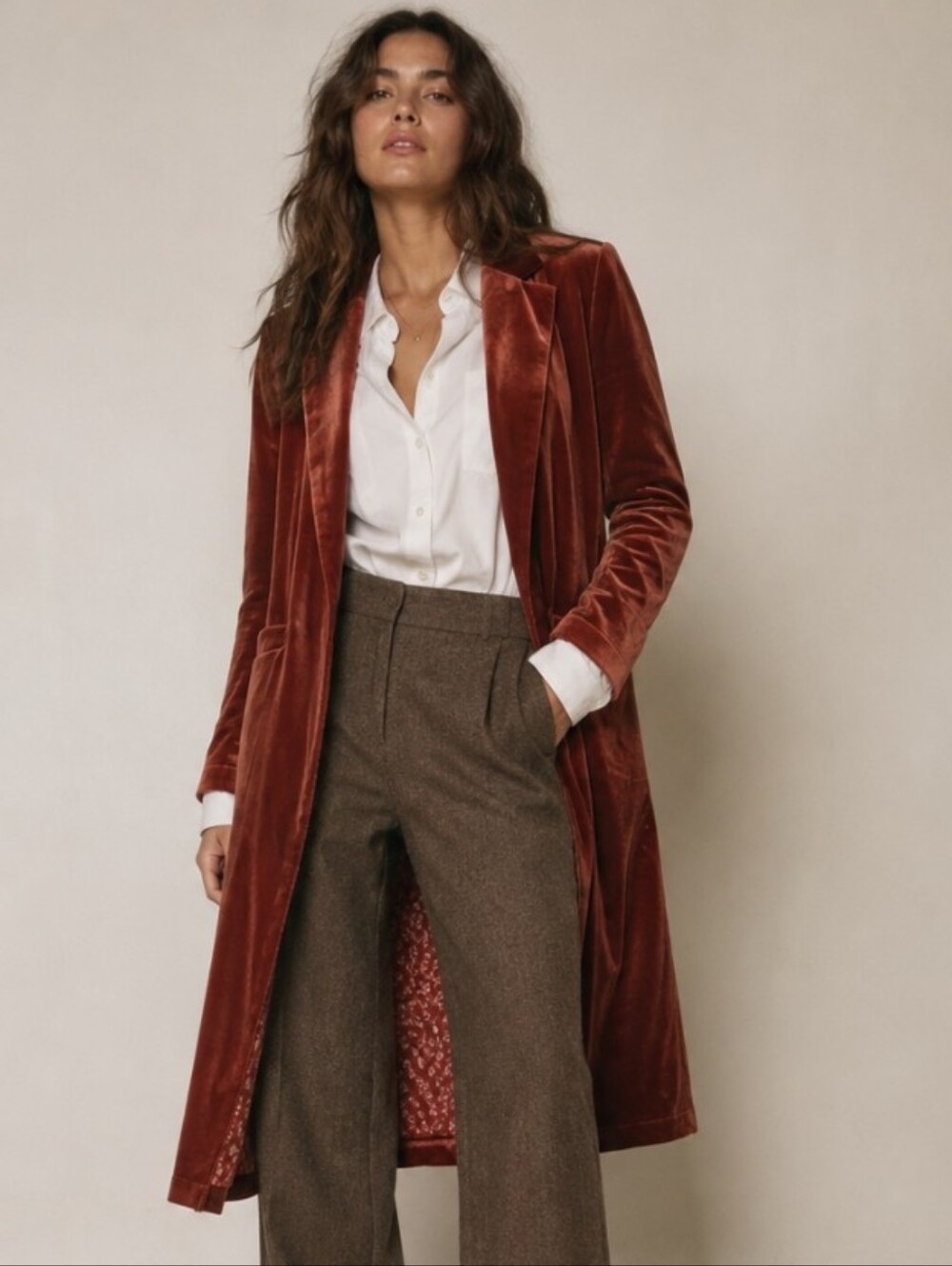 Velvet Long Jacket Blazer Duster Burnt Orange by Skies Are Blue Sz M Autumn Fall